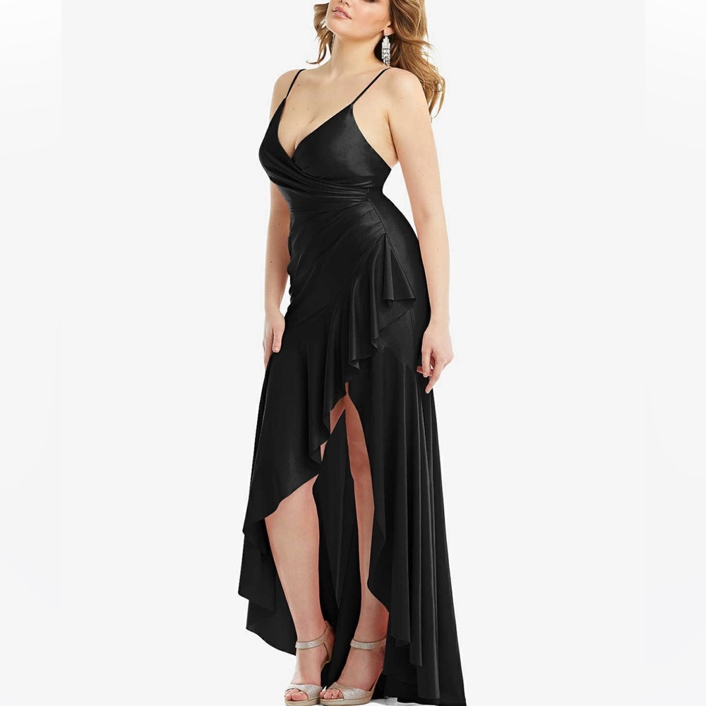 CYNTHIA & SAHAR GABRIELLA CS111 LUXE STRETCH SATIN Gown Black Pleated Ruffle - Picture 3 of 8